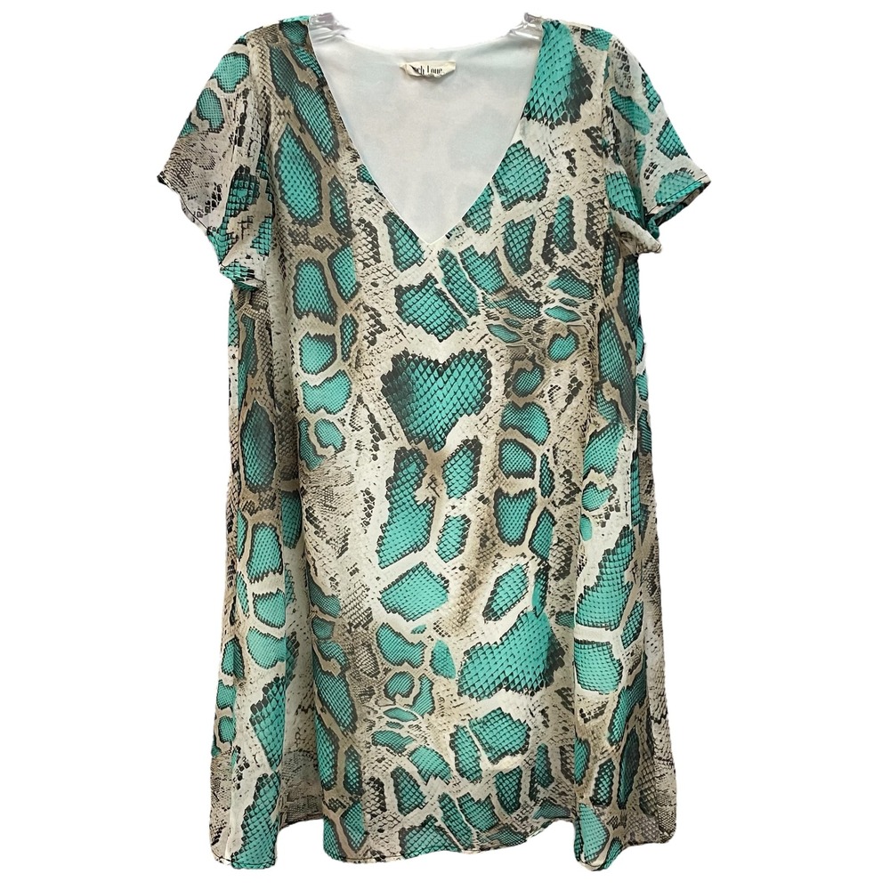 Peach Love CA Snakeskin Print‎ Dress V Neck Short Sleeve Sheer Casual